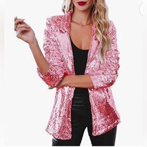 Women Sequin Jacket Glitter Sparkle Open Front Long Sleeve Blazer Coat L